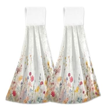 Imagem de xigua Conjunto de 2 toalhas de cozinha coloridas de flores silvestres, toalhas de cozinha macias e absorventes rápidas com laço para pendurar e adesivos mágicos, toalhas de mão de pano para pendurar