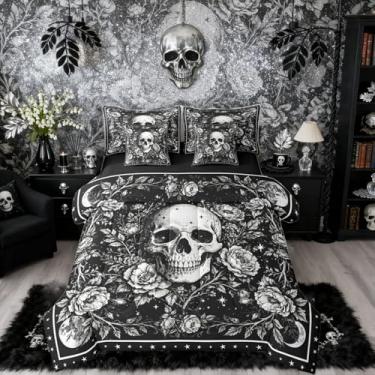 Imagem de Erosebridal Jogo de cama casal gótico e edredom | Conjunto de cama de caveira de açúcar de 7 peças, decoração de esqueleto de Halloween, cama floral vintage em uma bolsa, decoração de quarto de osso