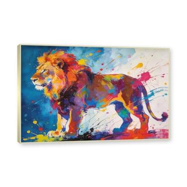 Imagem de NHLDZYH Moldura dourada. Pintura de leão colorida, impressão de arte abstrata vibrante, decoração de parede de animais selvagens e enérgicos, tela contemporânea moderna para quarto, academia, quarto