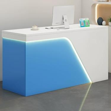 Imagem de Mesa de recepção moderna com gaveta trancável e orifício para cabo, mesa de balcão frontal para loja de varejo, balcão de caixa com grande armário de armazenamento - branca, 140 x 55 x 90 cm