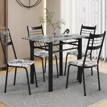 Imagem de Conjunto Tubular de Mesa e Cadeiras Palma Preto/Floral Cinza/Ocre