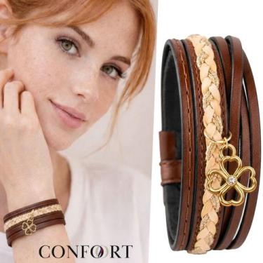 Imagem de Pulseira de Couro Feminina Ajustável Trançada Espírito Santo Flor Trev