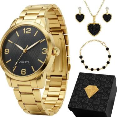 Imagem de Relogio Dourado Aco Inox Feminino + Caixa + Oculos Pulseira inoxidavel