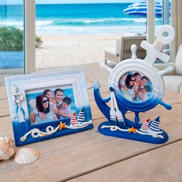 Imagem de Porta Retrato para Decoração Náutica Porta Retratos Náutico Kit com 2 Peças em MDF e Vidro Azul e Branco