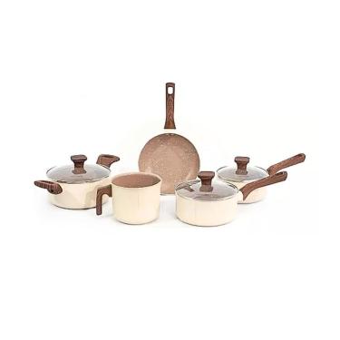 Imagem de Conjunto de Panelas Indução Pratic Cook 5 Peças Cerâmica Creme Antiaderente com Fundo Triplo Mimo