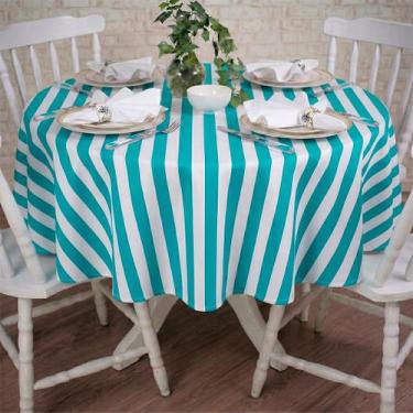 Imagem de Toalha de Mesa Redonda em Tecido Jacquard Estampado Listrado Azul Turq
