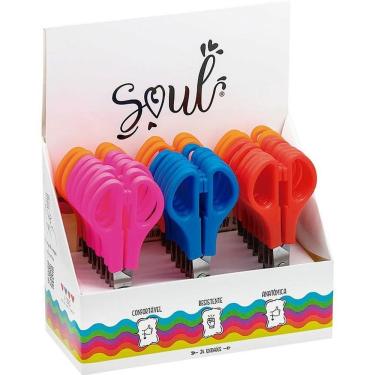 Imagem de Tesoura Escolar BRW Aço Inoxidável 13cm com Régua Ponta Arredondada Display com 24 Cores Neon