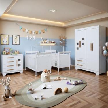 Imagem de Quarto de Bebê Completo Gêmeos com Guarda-Roupa, 2 Berços e Cômoda Gae