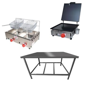 Imagem de Kit Lanchonete Mesa de Manipulação 100x55cm + Fritadeira a Gás 2 Cuba + Chapa a Gás 30cm Alcamar