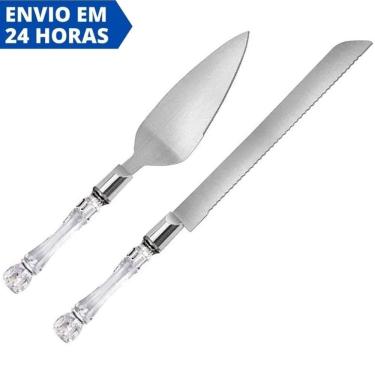 Imagem de Conjunto Faca e Espátula Inox Cabo Acrílico Corte Bolo Torta