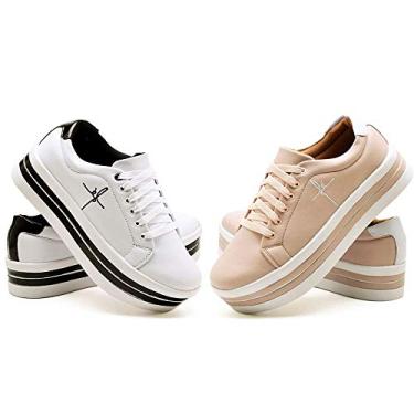 Imagem de Kit 2 Tênis Feminino Plataforma Bordado Fé Anabela Exclusiva Cor:Branco e Nude;Tamanho:38