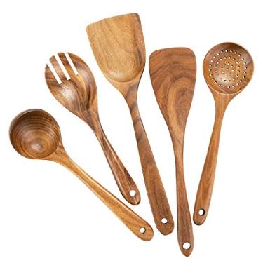 Imagem de AIUHI - Conjunto de 5 Peças - Colheres de Madeira de Teca Orgânica - Utensílios de Cozinha de Madeira