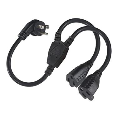 Imagem de Cabo de extensão de energia Y Splitter - Plugue plano em ângulo reto de 1 m NEMA 5-15P Tomada de 1 a 2 vias NEMA 5-15R SJT 16AWG 3 Prong Low Profile Black AC Power Wire Extender para monitor de computador de TV