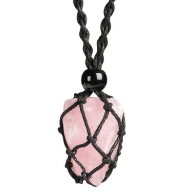 Imagem de Anjiucc Colar com pingente de cristal de pedra preciosa natural, suporte de pedra, cordão trançado à mão, com comprimento ajustável para mulheres e homens, 0.98-1.2 inches, Gema, A - quartzo rosa