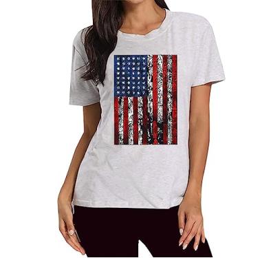 Imagem de Blusa feminina 4 de julho Dia da Independência camiseta estampada bandeira dos EUA Túnica Patriótica Star Stripes Camisa, Cinza, G