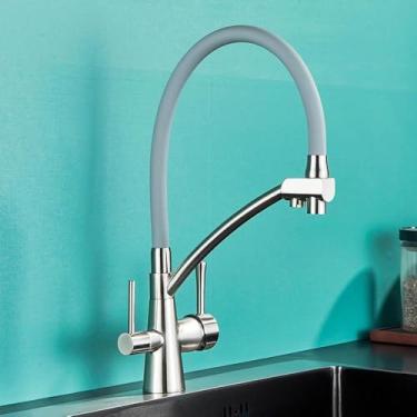 Imagem de Torneira de pia de cozinha, torneira, filtro de água pura, misturador, guindaste, alças duplas, purificação, torneira de cozinha quente e fria, mangueira cinza escovada A
