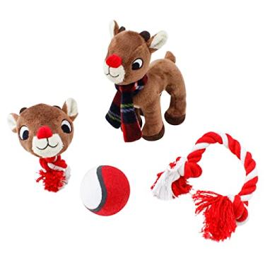 Imagem de Rudolph A Rena do Nariz Vermelho | Conjunto de 4 peças de bola, corda e dois brinquedos de apertar | Conjuntos de presentes para animais de estimação oficialmente licenciados | Rudolph