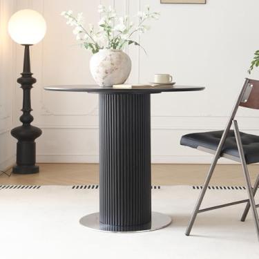 Imagem de mollveesen Mesa de jantar redonda de madeira de 87 cm, base de pedestal de cavalete de madeira em placa de aço inoxidável, mesa de cozinha de espaço pequeno, mesa circular moderna para cozinha, sala
