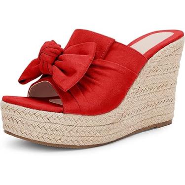 Imagem de PiePieBuy Sandália feminina de salto anabela com laço, Vermelho, 7.5