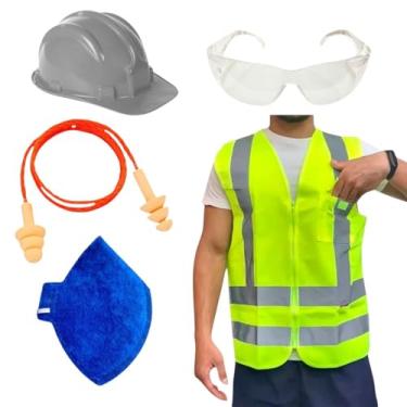 Imagem de Kit Obra Capacete de Proteção Protetor Auricular Óculos Croma Colete Refletivo Máscara PFF2 EPI (Cinza, M)