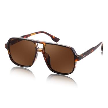 Imagem de FEISEDY Óculos de sol retrô quadrado aviador feminino masculino anos 70 vintage moderno armação de plástico B4158, Armação de tartaruga e lente de chá, 55MM