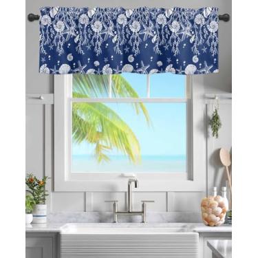 Imagem de Cortina de cozinha sanefa para janelas, concha de estrela do mar coral oceano em azul marinho bolso pequeno branco vida marinha concha tratamento de janela curta para quarto, banheiro, sala de estar