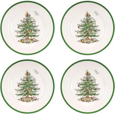 Imagem de Spode Prato de jantar de árvore de Natal de 26,6 cm (conjunto de 4) - Prato de grés festivo com árvore de Natal e bordas verdes, micro-ondas, máquina de lavar louça, freezer, forno - Utensílios de