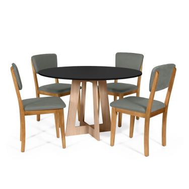 Imagem de Mesa De Jantar Redonda Montreal Pret/jade Com 4 Cadeiras Estofadas Ella Cinza