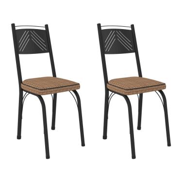 Imagem de Kit 2 Cadeiras De Cozinha Virginia Estampado Rattan Bege Pés De Ferro Preto