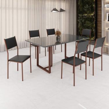 Imagem de Conjunto Sala De Jantar Mesa 160x90cm Base Lunna Tampo Mdf Laca Com Vidro Florença Preto Marrom