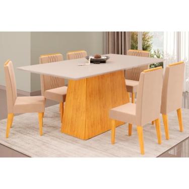 Imagem de Cozinha Completa Dulce Tampo Madeirado Com Vidro Reto 180x90cm E 6 Cadeiras Lia Cedro Off White Suede Kraft