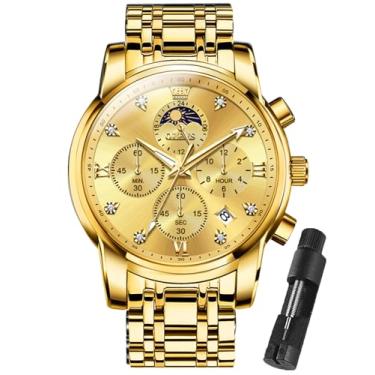 Imagem de OLEVS Relógios masculinos com cronógrafo, luxuoso, de aço inoxidável, mostrador grande, multifunções, fácil de ler, diamante numerais romanos, relógio de pulso de negócios Reloj para Hombre, Dourado
