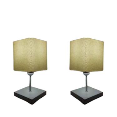 Imagem de Kit/2 Abajur Quadrado de Mesa Md-2008 Base Branco Cúpula Tec 15/13x13cm Algodão Crú - Bivolt