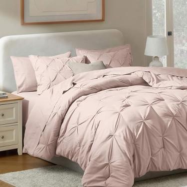 Imagem de Nestl Conjunto de edredom completo de 9 peças – Cama plissada rosa blush em uma bolsa – Conjunto completo de cama de casal com lençóis, travesseiros alternativos, fronhas e fronhas