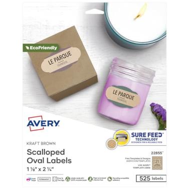 Imagem de Avery Etiquetas ovais recortadas Kraft Brown com tecnologia Sure Feed, 3,5 cm x 6,5 cm, impressão na borda, etiquetas imprimíveis a laser/jato de tinta, total de 525 (22855)
