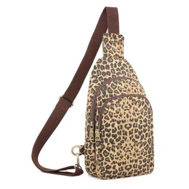 Imagem de SILKAREA Bolsa tiracolo de lona para mulheres, bolsa tiracolo pequena, mochila de viagem, caminhada, mochila para o peito, Oncinha marrom, Medium