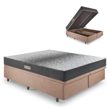 Imagem de Cama Baú Queen 158x198 Linho Marrom com Dual Firm Espuma Ecoflex