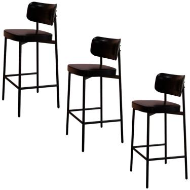 Imagem de Kit 3 Banquetas Alta Ella M25 Moderno Estrutura MDP MDF Aço Assento Couro Sintético 103,5 cm Preto Mpozenato