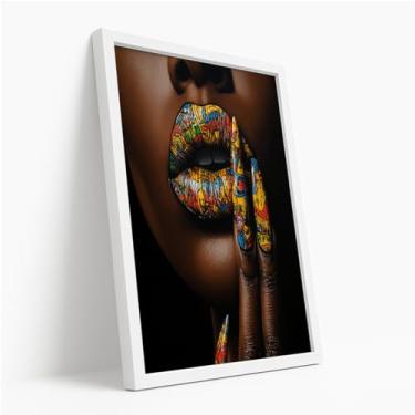 Imagem de Quadro Decorativo Mulher Negra Boca Colorida Unhas Arte Pop Urbana Moderna Estilo Criativo Estampa Impactante Com Moldura