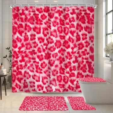 Imagem de LIGHTINHOME 4 peças de cortina de chuveiro rosa choque estampa leopardo selvagem safári pele de guepardo panthera menina moderna mulheres 182x182 cm de tecido decoração de banheiro conjunto de tapetes