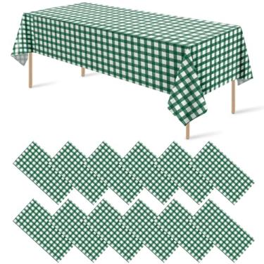 Imagem de Pacote com 12 toalhas de mesa quadriculadas de plástico verde escuro, decorativas premium, descartáveis, xadrez verde para festas, capa de mesa retangular para piquenique, fazenda, aniversário