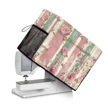 Imagem de ZCFYGDX Capa protetora para máquina de costura resistente – Design dobrável com estampa de listras rosa vintage com 4 bolsos e alça, ajuste universal para a maioria das máquinas Singer/Brother/Janome