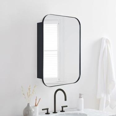 Imagem de Armário de remédios retangular preto com espelho preto fosco embutido e montagem em superfície armário de banheiro retangular arredondado de aço inoxidável com espelho 55 x 76 cm