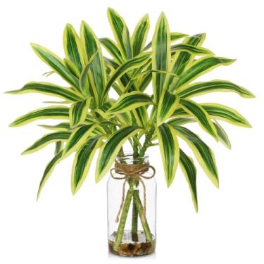 Imagem de Hastes de vegetação sintética em vaso Dracaena Planta artificial em vaso de vidro com água e pedras falsas de 39,9 cm de arranjos de plantas pequenos de 39,9 cm, centros de mesa de jantar de cozinha