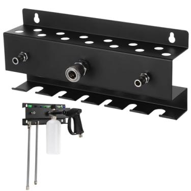 Imagem de Suporte de pistola de lavagem de pressão de metal com conector de mangueira central, organizador de ferramentas de montagem na parede com vários compartimentos de bocal, suporte de parede para garagem