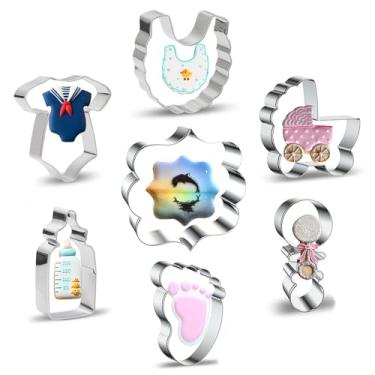 Imagem de Conjunto de cortadores de biscoito para chá de bebê – 7 peças – carrinho de bebê, macacão, babador, chocalho, garrafa, moldura para pés e placas, moldes de argila para fondant de biscoito para festa
