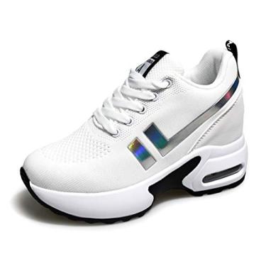 Imagem de TQGOLD Tênis feminino de tricô plataforma anabela escondida, atlético, caminhada, salto alto, malha, casual, esportivo, sapatos femininos, 1298/White, 5.5