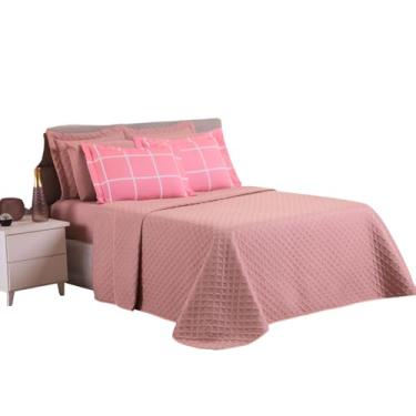 Imagem de Colcha Coxa Cobre Leito Jogo Roupa Cama Casal Queen 5 Peças Matelado Dupla Face Linha Rose Macio Confortavel