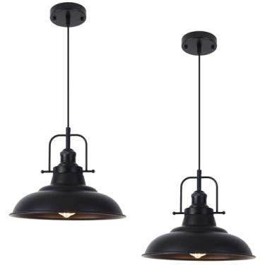 Imagem de Woholitable Iluminação pendente de fazenda para ilha de cozinha, pacote com 2, luz pendente preta com alça, luminária de teto industrial de altura ajustável para corredor, sala de jantar, restaurante