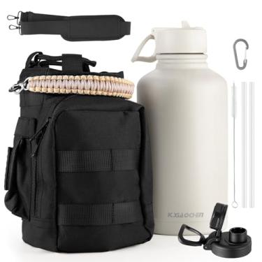 Imagem de KXIAOCHEN Garrafa de água de 1,8 l com manga, garrafa de água de aço inoxidável com bolsa de transporte, 2 tampas (canudo e tampa), garrafas de água de metal de boca larga mantêm quentes e frias